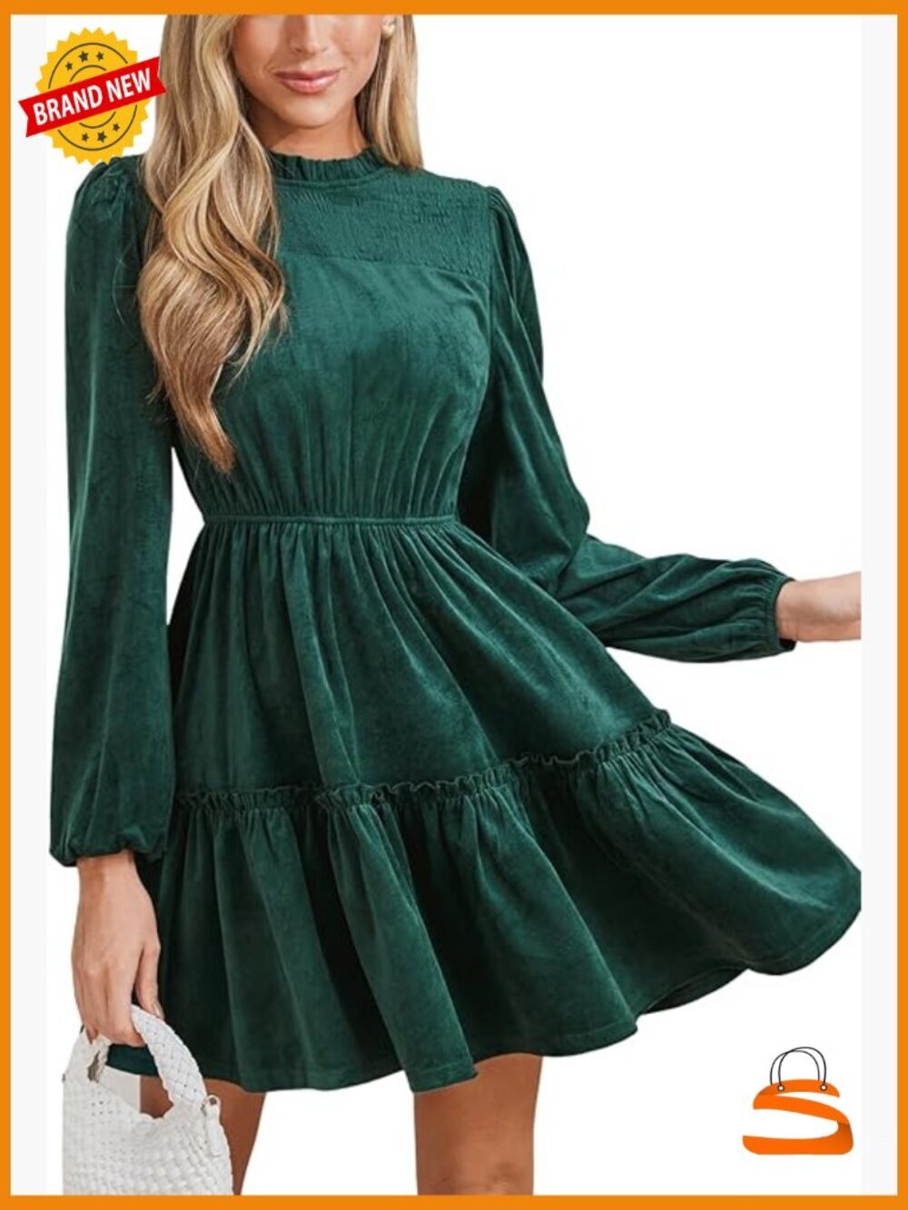 Ruffle Bubble Sleeve Mini Dress Crewneck Smocked Waist Holiday Party